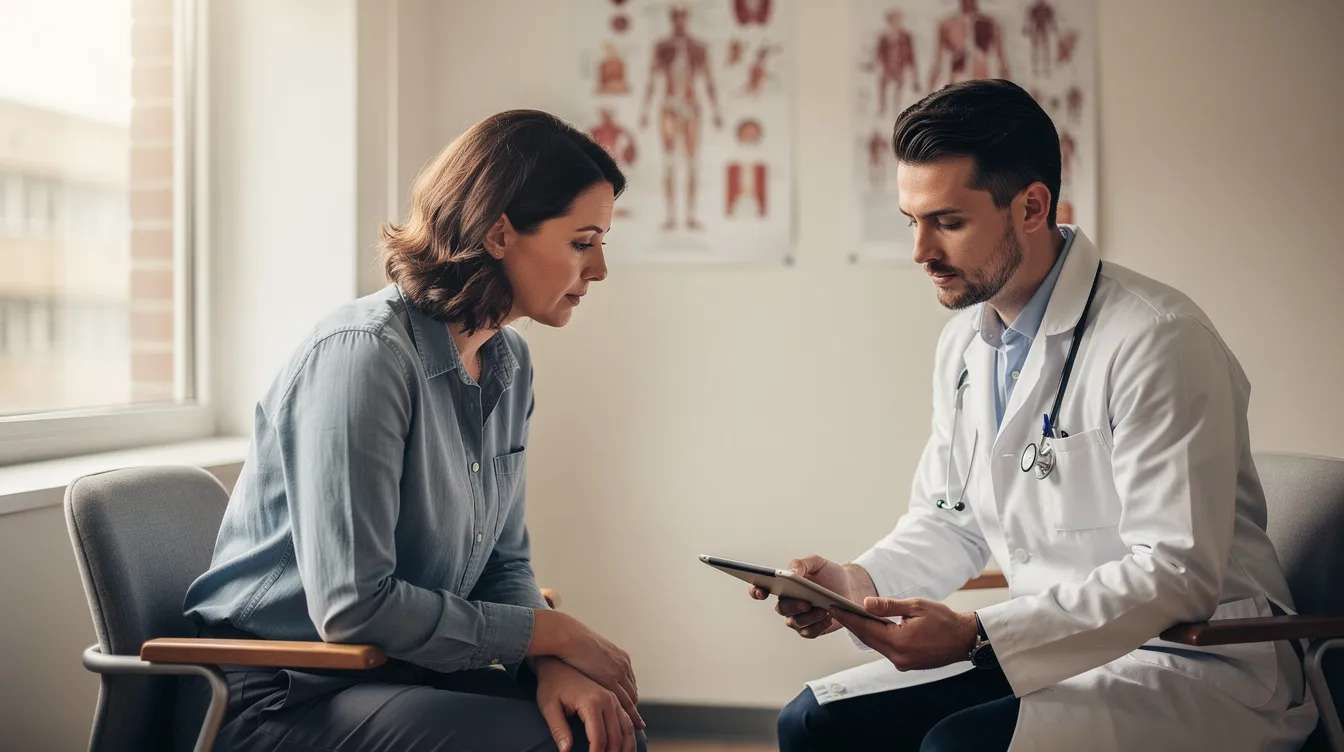Un médico revisa el historial clínico de un paciente, discutiendo temas relacionados con la diabetes tipo 2 y el uso de medicamentos como la semaglutida para la pérdida de peso. En la mesa se pueden ver documentos y una computadora portátil que facilitan la consulta.