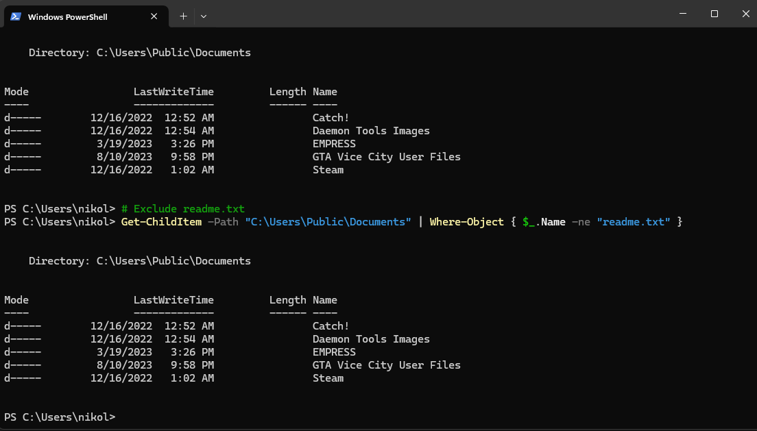 A PowerShell Command Prompt showing a comment, test path and the function "Get-ChildItem -Path "C:\Users\Public\Documents" | Where-Object { $_.Name -ne "readme.txt" }"