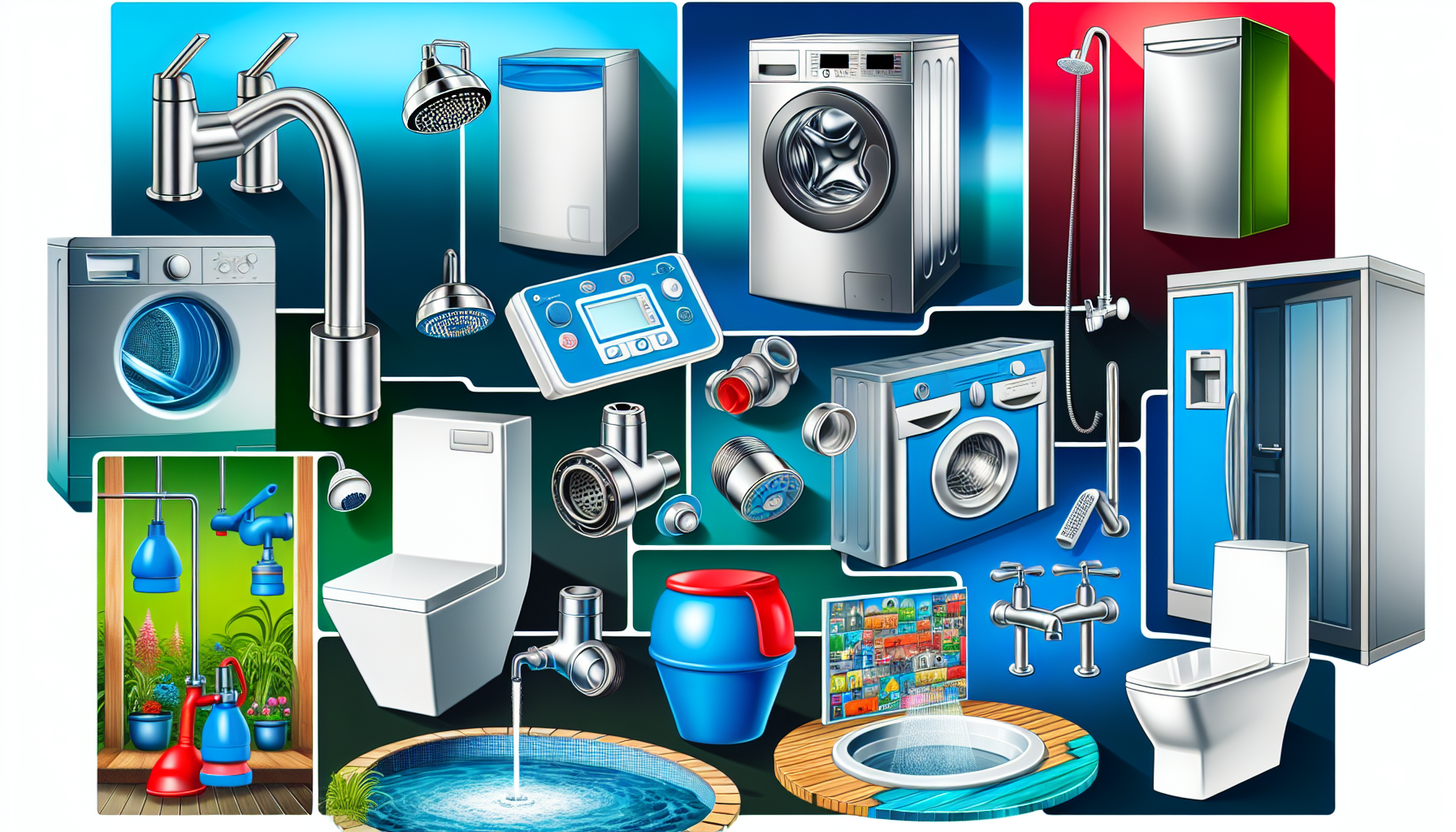 A collage of various water-efficient appliances for the modern home, including washing machines, dishwashers, showerheads, and toilets