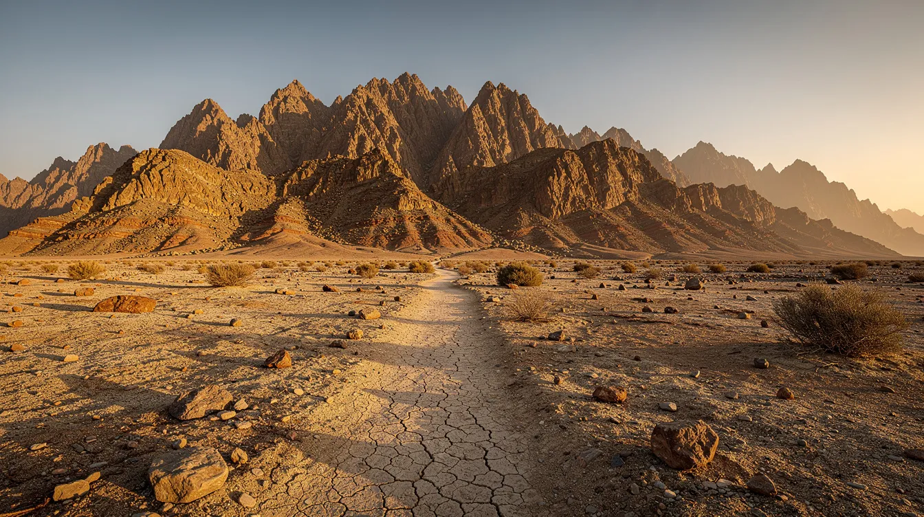 The image depicts an ancient desert landscape characterized by rocky mountains and a winding path traversing the barren terrain, evoking the journey described in the Exodus story of the Bible. This scene reflects the harsh yet majestic environment that figures like Moses might have navigated while leading the Israelites toward salvation and the Promised Land.
