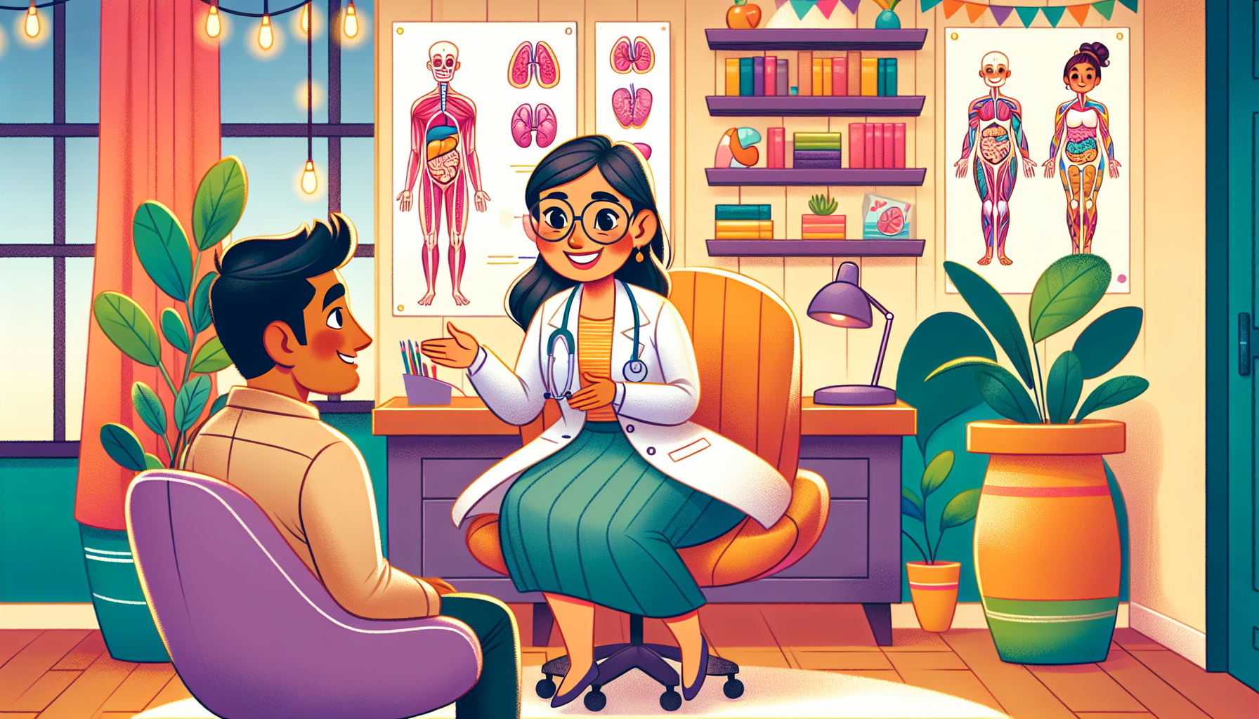 An illustration of a patient consulting with a plastic surgeon about tummy tuck options.