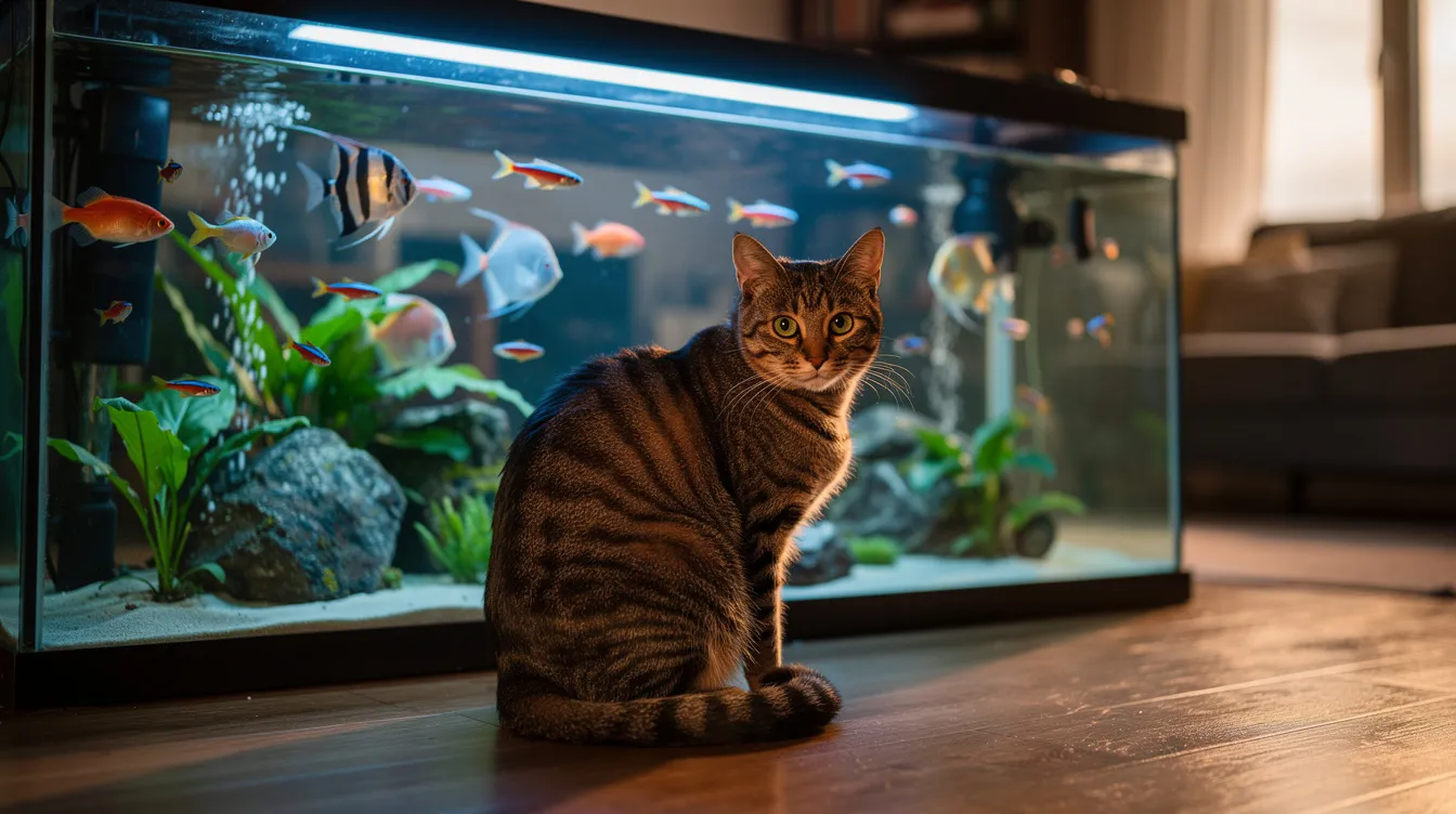 A curious tabby cat sits in front of a large, ultra-clear glass aquarium, intently watching colorful fish swim by, showcasing its natural curiosity. The cat's paws rest on the floor as it observes the vibrant aquatic life, completely satisfied with its view of the fish tank.