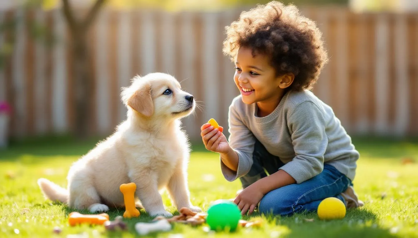 In the image, a dog owner is engaging with a playful puppy during a positive training session, using treats and a favorite tug toy to encourage good behavior. This interaction focuses on teaching the puppy bite inhibition while promoting mental stimulation and positive reinforcement.