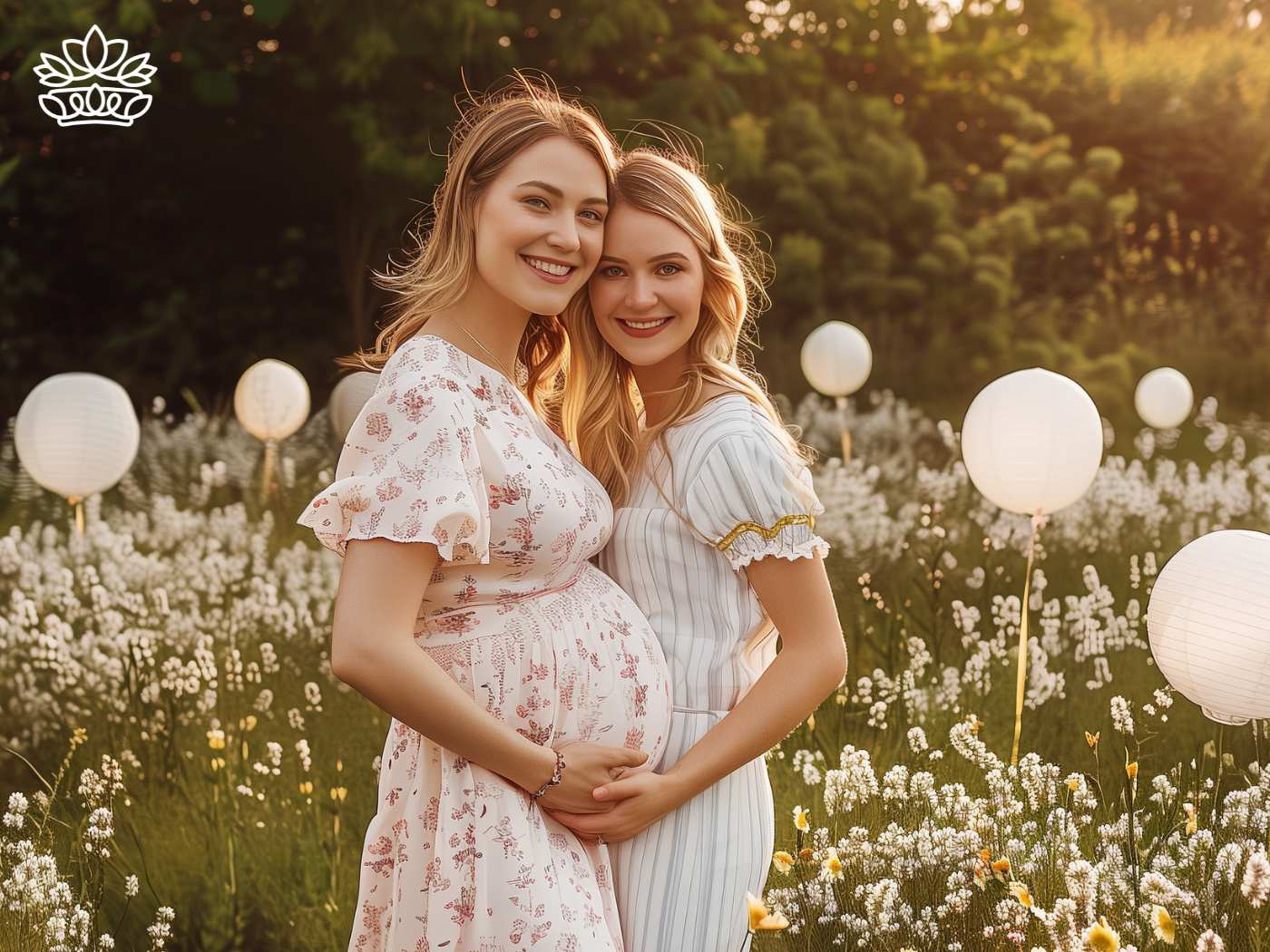 Two beaming pregnant women embracing in a tranquil field with wildflowers and glowing paper lanterns, celebrating motherhood with Fabulous Flowers and Gifts.