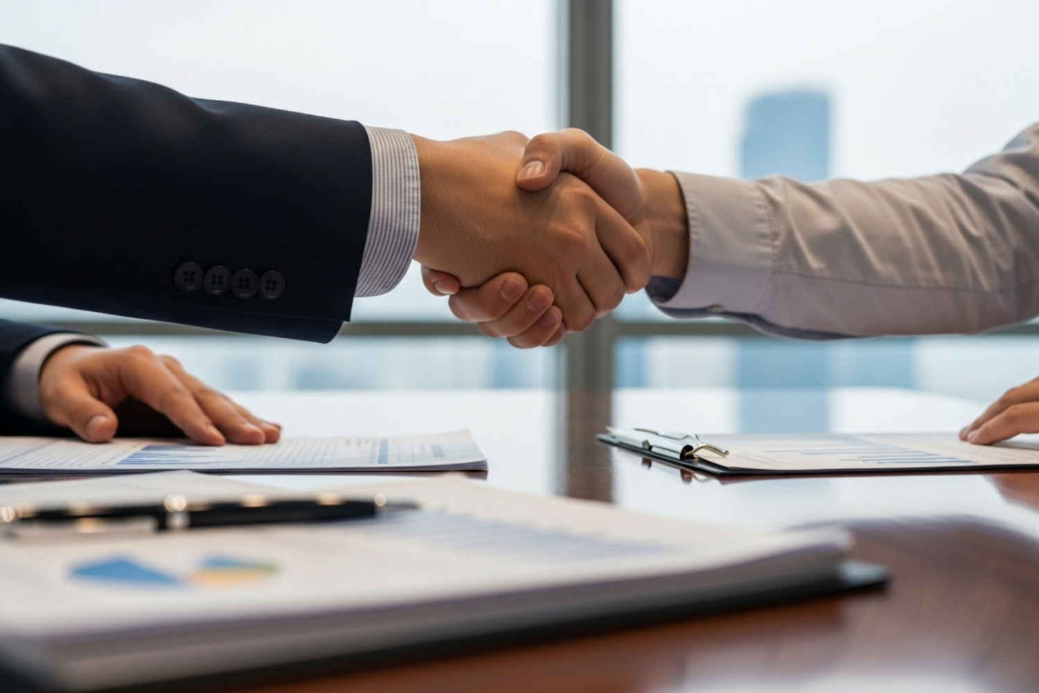 Two people shake hands over a table with documents and a pen.
