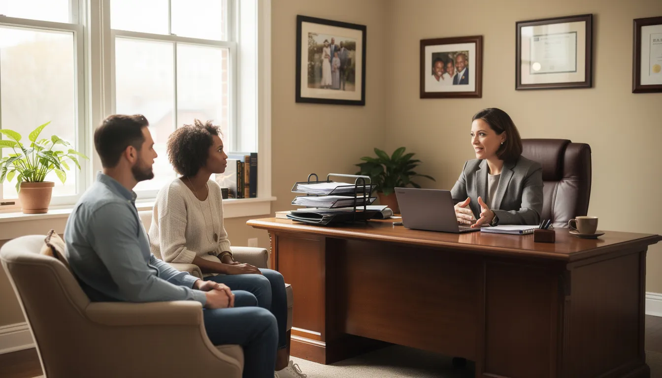 An experienced birth injury attorney meets with concerned parents in a comfortable office, discussing the emotional and financial toll of their child's birth injury. The attorney offers guidance on navigating the complex legal process and seeking maximum compensation for medical expenses related to potential medical negligence.