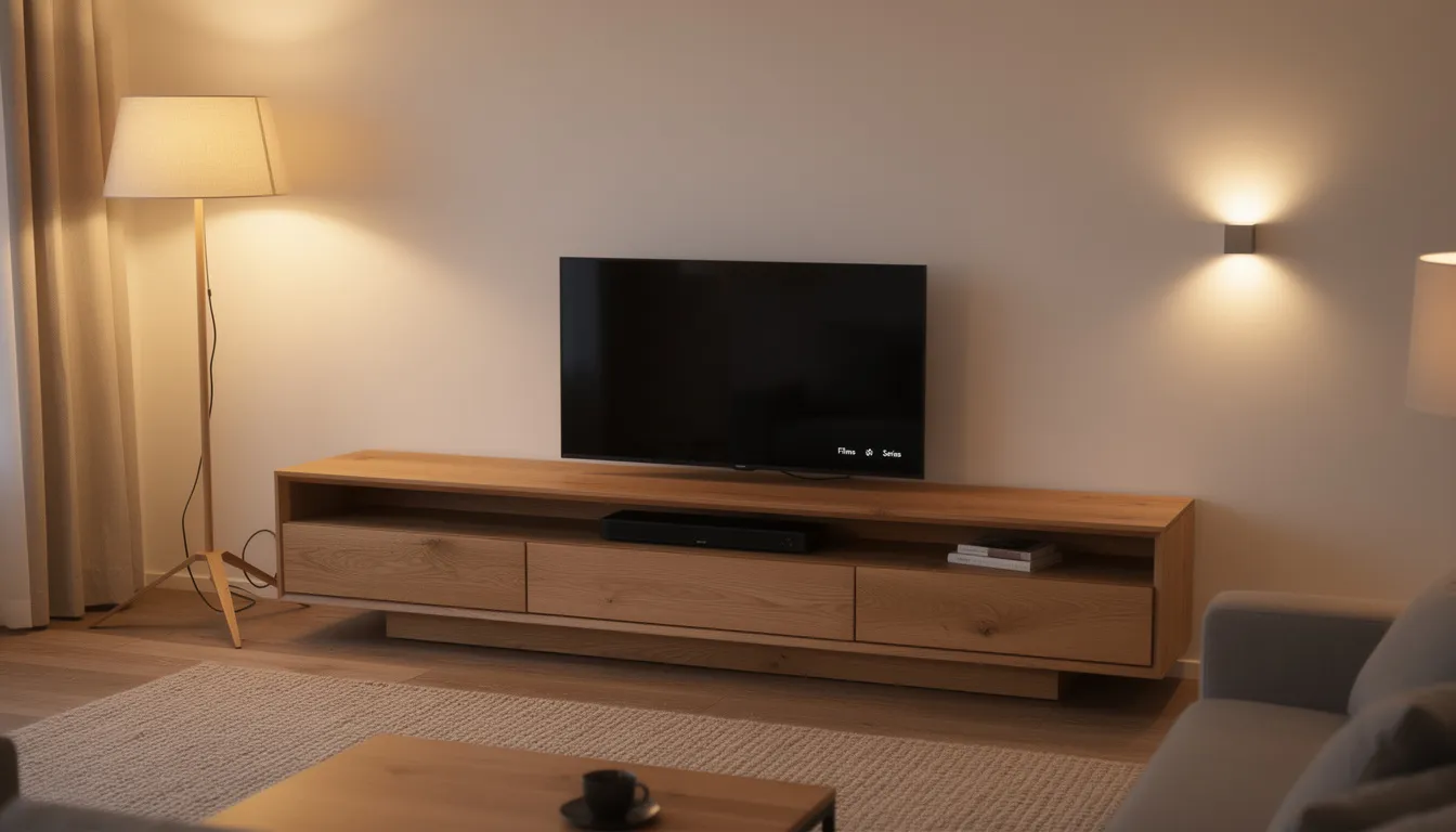 Een elegant tv meubel van massief eikenhout staat centraal in een warme woonkamer, omgeven door designverlichting. Het meubel biedt opbergruimte met lades en planken, perfect voor het organiseren van kabels en andere spullen.