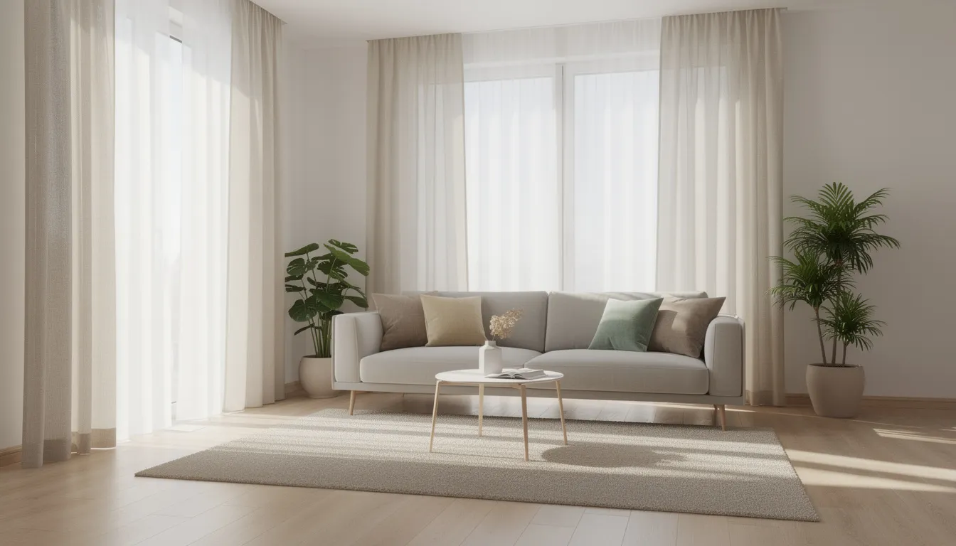 A bright and inviting living room features freshly cleaned curtains that allow natural light to flood the space, enhancing the overall ambiance. The clean curtains reflect the results of professional curtain cleaning services, contributing to a healthier living space and improved indoor air quality.