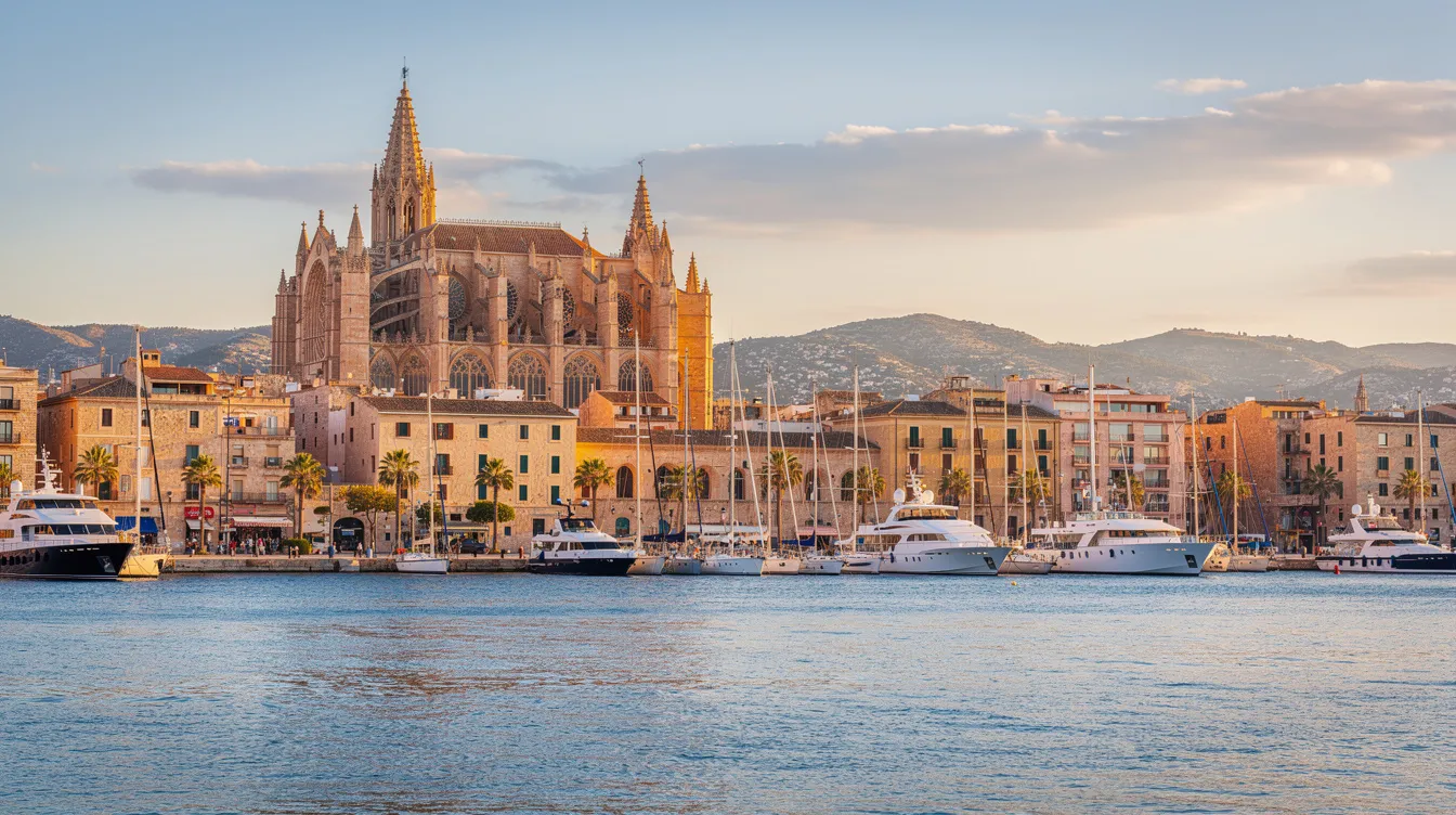 Der Panoramablick auf die Bucht von Palma zeigt die beeindruckende gotische Kathedrale La Seu, die majestätisch über dem Hafen thront, umgeben von den malerischen Gassen der Altstadt und den lebhaften Tapas-Bars. Im Hintergrund sind die sanften Wellen des Meeres zu sehen, die das Bild eines perfekten Urlaubstags auf Mallorca abrunden.