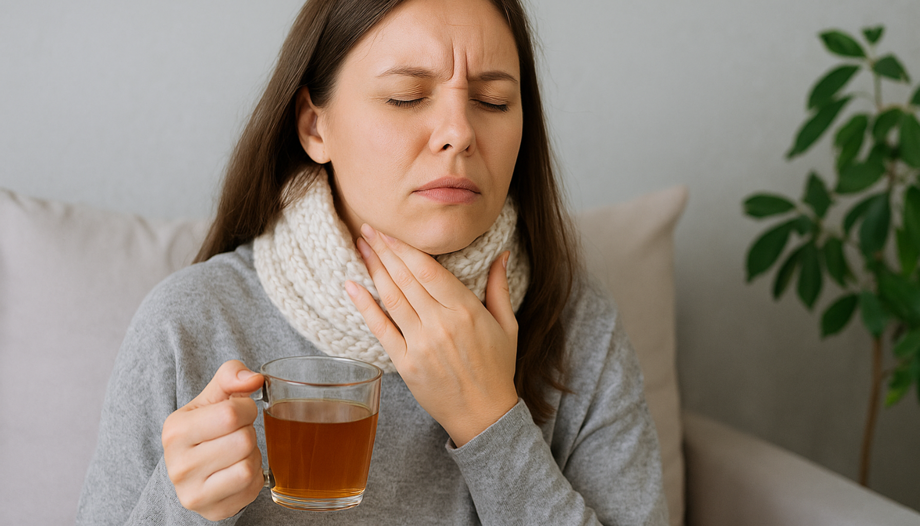 Kvinne med vond hals sitter hjemme med skjerf og kopp te, trykker forsiktig på halsen og uttrykker ubehag ved mandelbetennelse.
