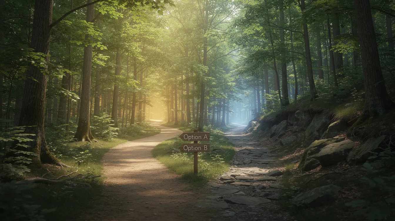 The image depicts two diverging paths winding through a lush green forest, symbolizing the various financial choices one can make, such as selecting between different 二線 財務 公司 for personal loans. This serene setting invites contemplation of one's financial future and the importance of understanding options like 清 數 貸款 and 邊間 好 for effective decision-making.