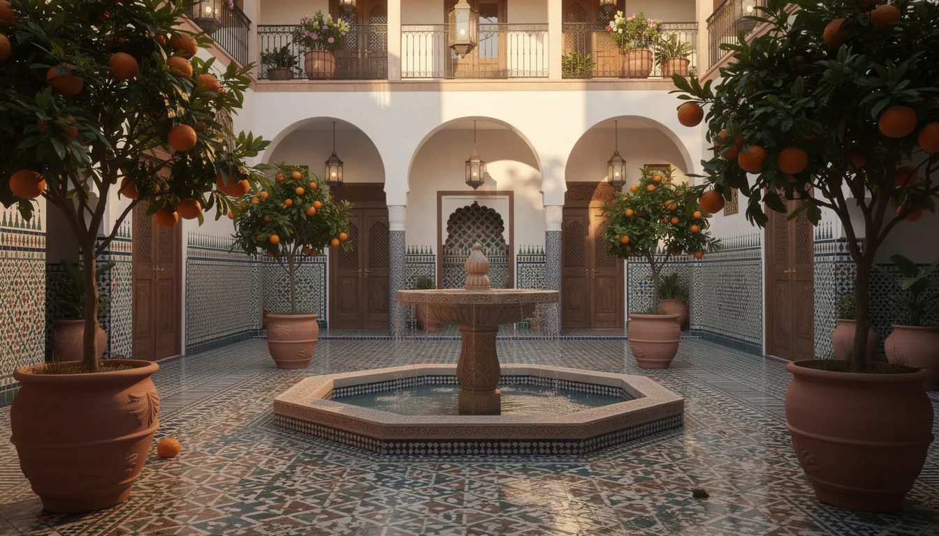 The image depicts a traditional Moroccan riad courtyard featuring a central fountain surrounded by vibrant, colorful tiles and flourishing orange trees. This serene space embodies the pleasant weather of Morocco in February, perfect for exploring ancient cities and enjoying mild temperatures.