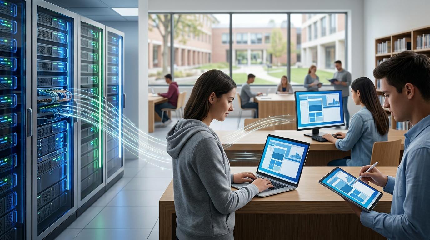 Cloud servers securely streaming virtual desktop environments to laptops, tablets, and desktop computers used by students.