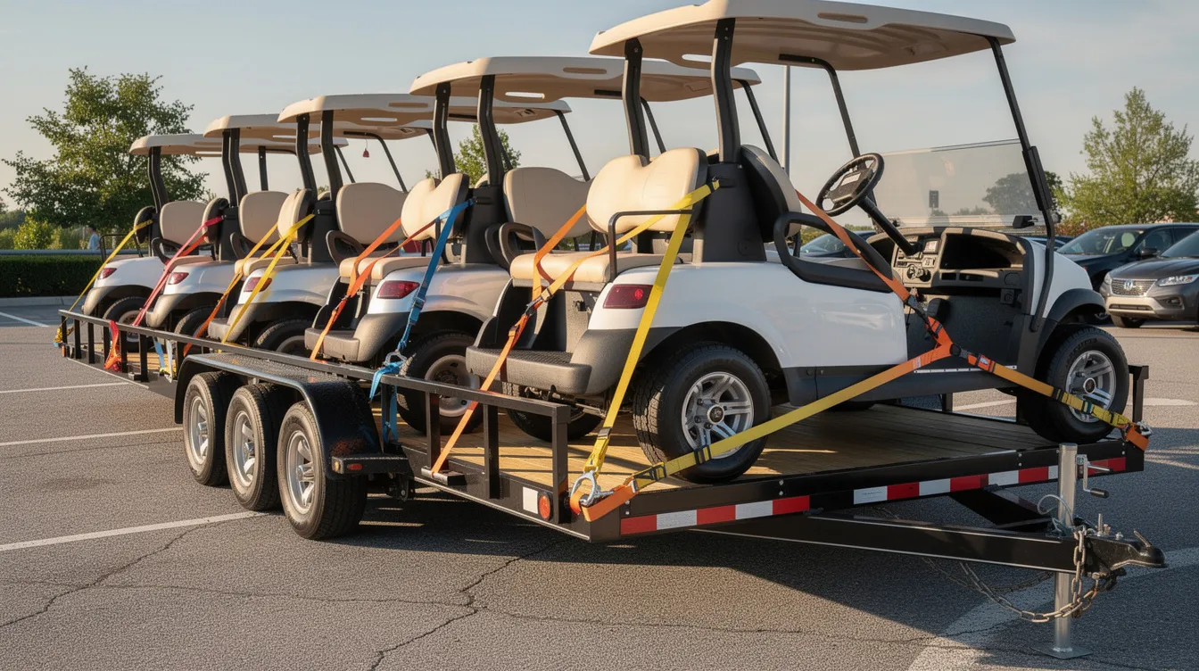 The image shows multiple golf carts securely strapped on an open trailer, ready for transport. This setup highlights the importance of safe golf cart shipping services, ensuring that the carts are well-protected during their journey.