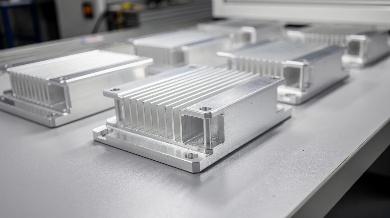 The image shows several finished CNC machined aluminum enclosures and heat sinks, featuring visible cooling fins, neatly arranged on an inspection table. These precision CNC machined parts highlight the advanced manufacturing process and quality control standards typical in the CNC machining industry.