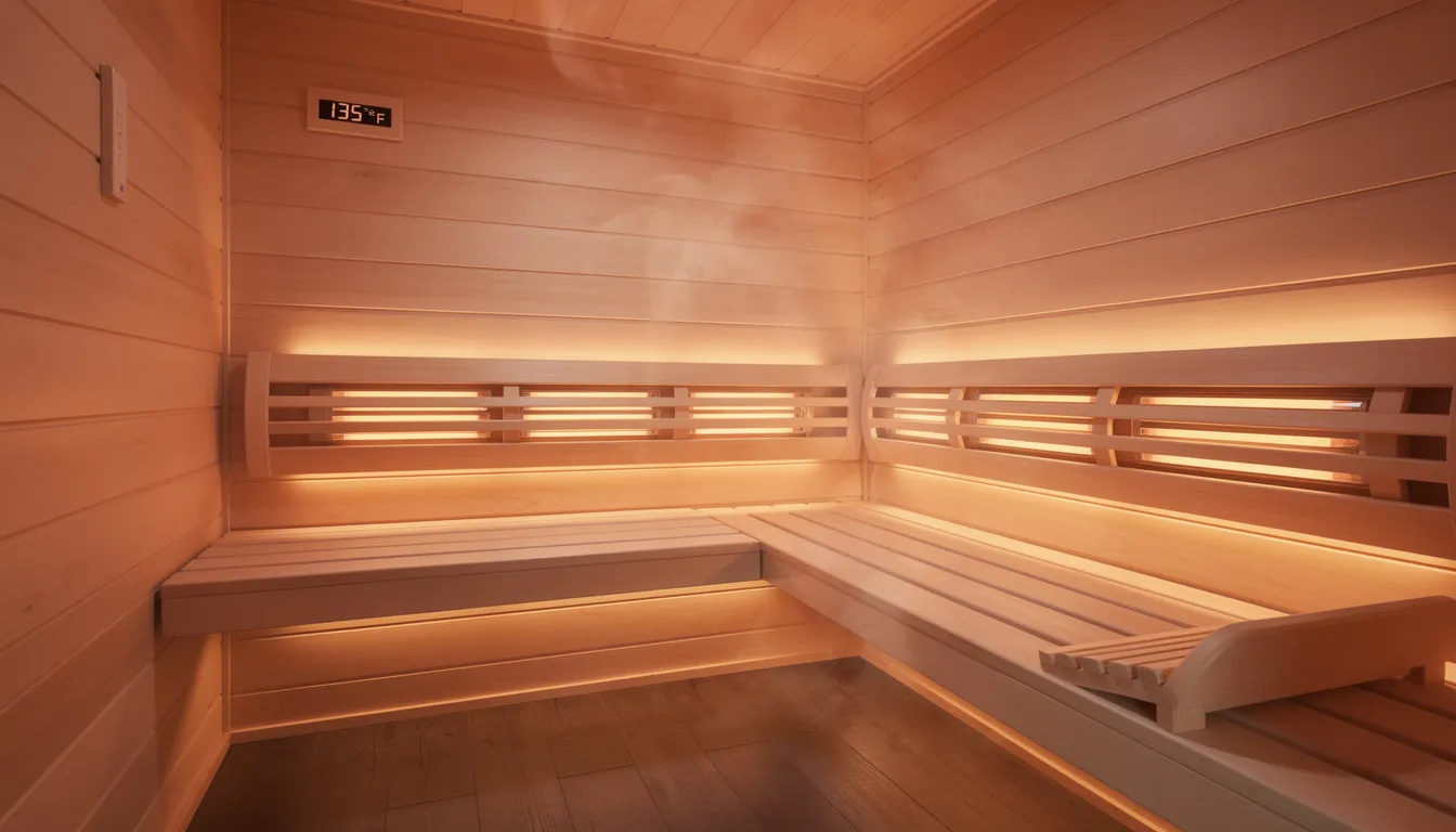 The image depicts a modern infrared sauna cabin with wooden walls and soft ambient lighting, creating a serene environment for infrared sauna sessions. This space is designed to promote healing and improve skin health through the therapeutic benefits of infrared light waves, enhancing relaxation and wellness.