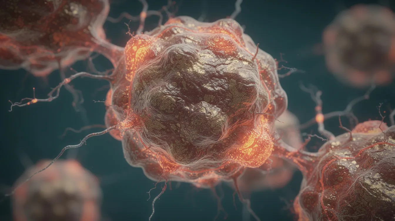 The image presents a microscopic view of enlarged senescent cells, characterized by visible inflammatory signaling indicative of the aging process. These aging cells, often referred to as &ldquo;zombie cells,&rdquo; contribute to chronic inflammation and are linked to age-related diseases, highlighting the importance of targeting and removing senescent cells to promote healthy aging.