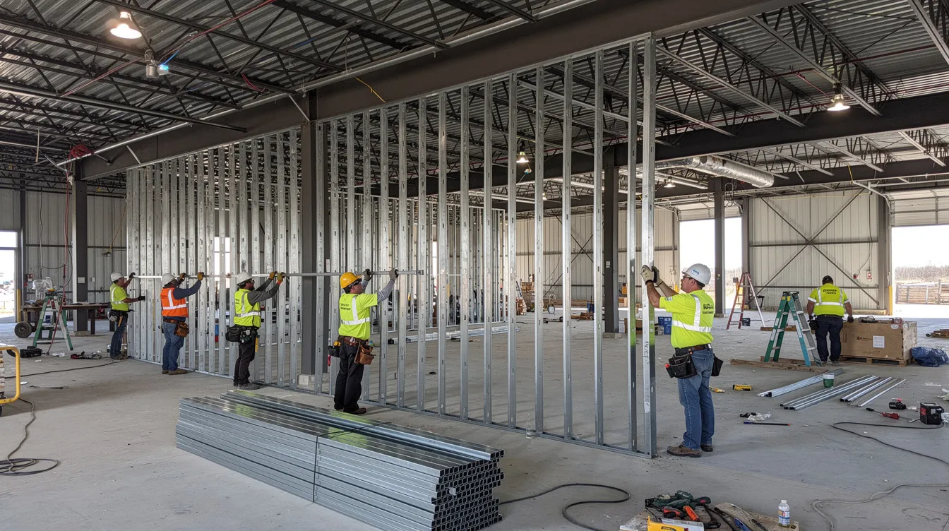 Construction workers framing an interior wall with metal studs inside a commercial building under a steel roof structure.