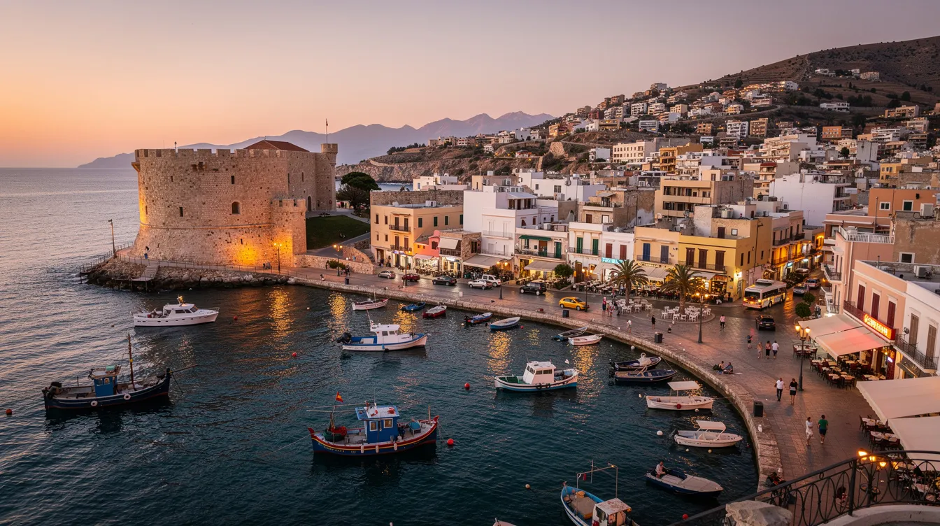 A imagem retrata a cidade de Heraklion, na ilha de Creta, na Grécia, destacando sua rica história e cultura da Grécia antiga. É possível ver a arquitetura típica da região, com influências do clima mediterrâneo e paisagens que refletem a beleza das ilhas gregas.