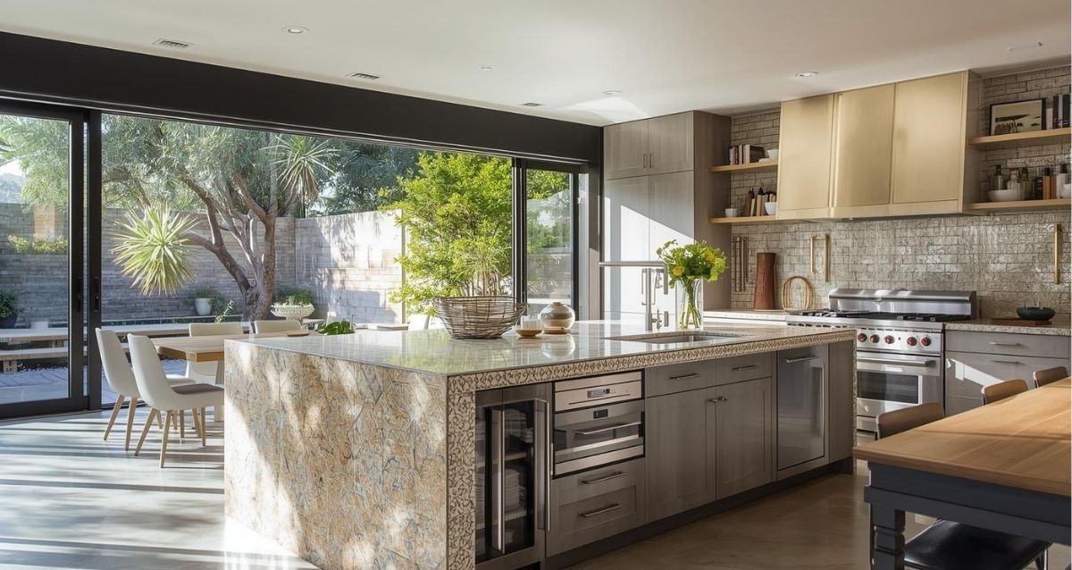 Waterfall kitchen island with marble tiles