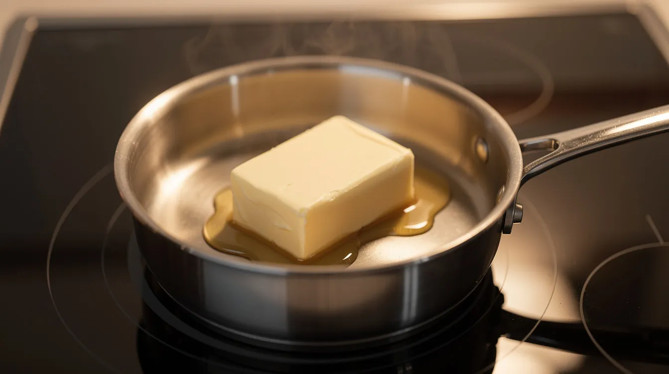 In einem Topf auf dem Herd schmilzt langsam Butter, die sich in einer goldgelben Flüssigkeit verwandelt. Diese Butter könnte später zur Herstellung von Cannabutter für ein leckeres Space Cake Rezept verwendet werden.