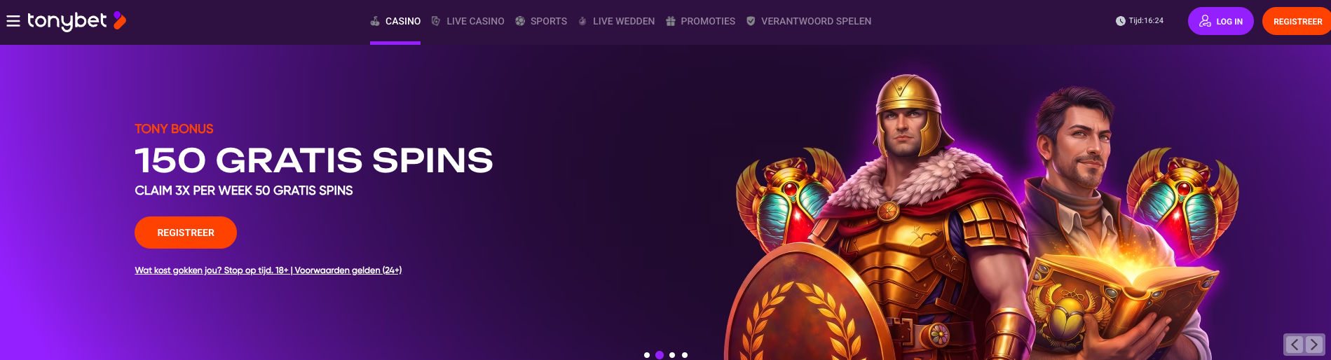 Homepage van TonyBet, een van de online goksites in Nederland, met casino spellen en promoties voor spelers die online gokken bij legale Nederlandse goksites met een vergunning van de Kansspelautoriteit.