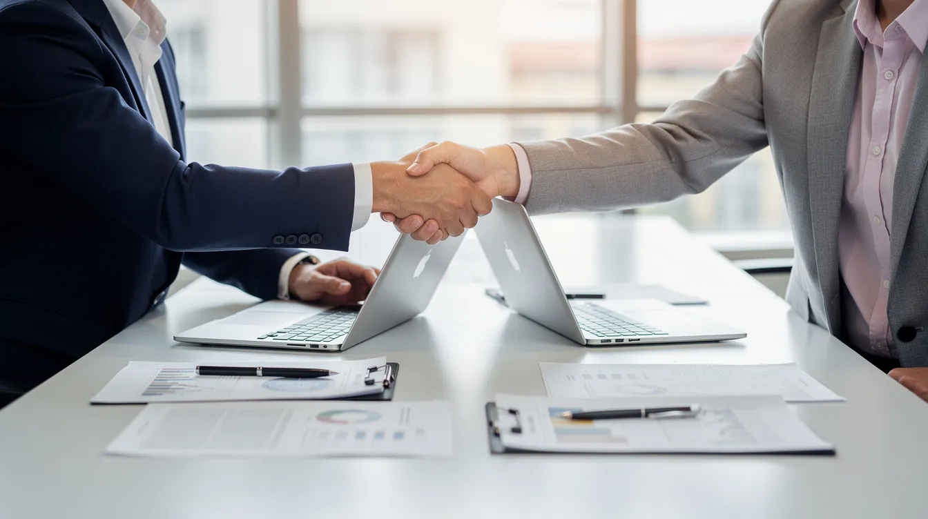 The image shows two individuals shaking hands over a table that holds a laptop and various documents, symbolizing a successful agreement or partnership, possibly related to financial transactions such as sending money abroad or managing bank accounts. The presence of a laptop suggests the use of advanced technology for services like SBI's international money transfer.