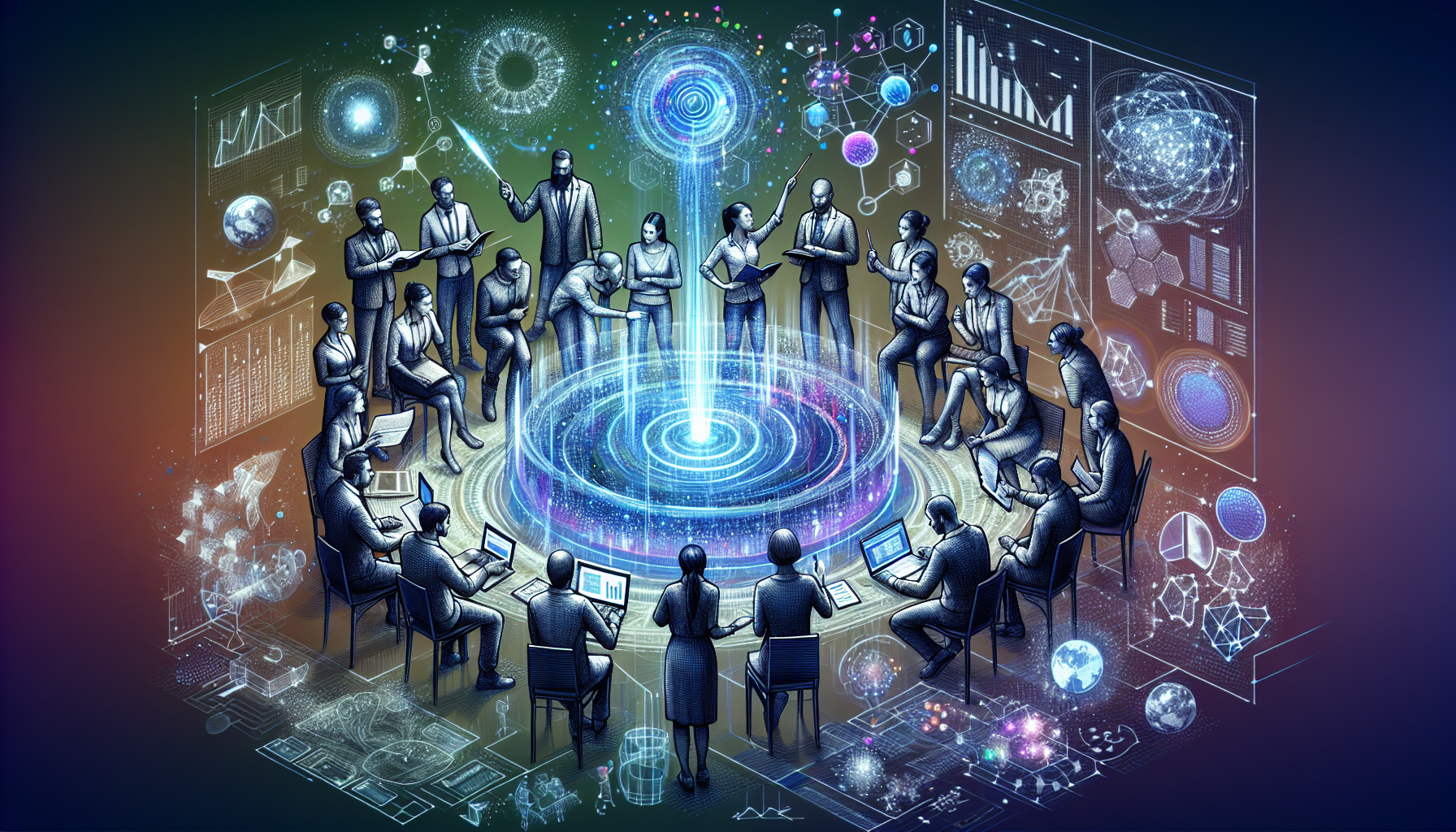 Illustration of diverse data science team collaborating on a project