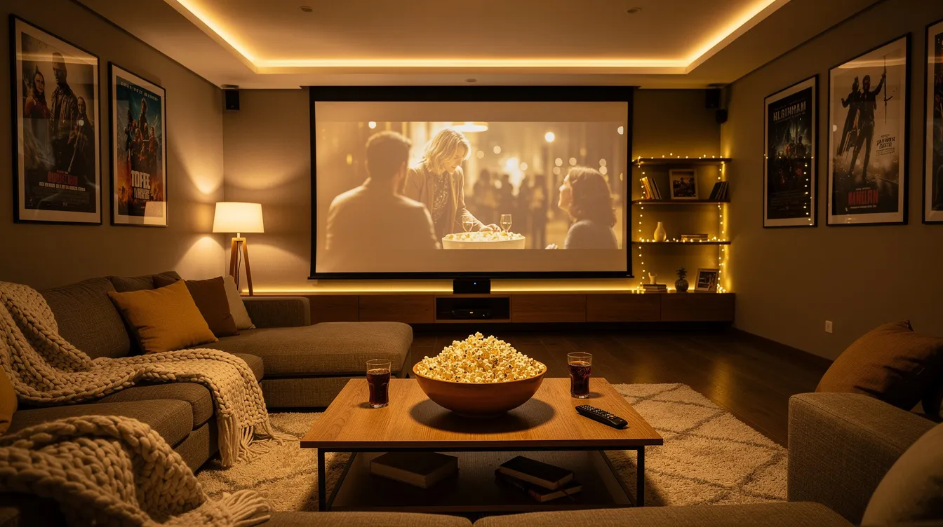 Das Bild zeigt ein gemütliches Heimkino mit einem großen Bildschirm, umgeben von warmem Licht, Decken und einer Schüssel Popcorn. Diese einladende Atmosphäre ist perfekt für einen Filmabend, um die "Herr der Ringe"-Trilogie oder die "Hobbit"-Filme zu genießen.