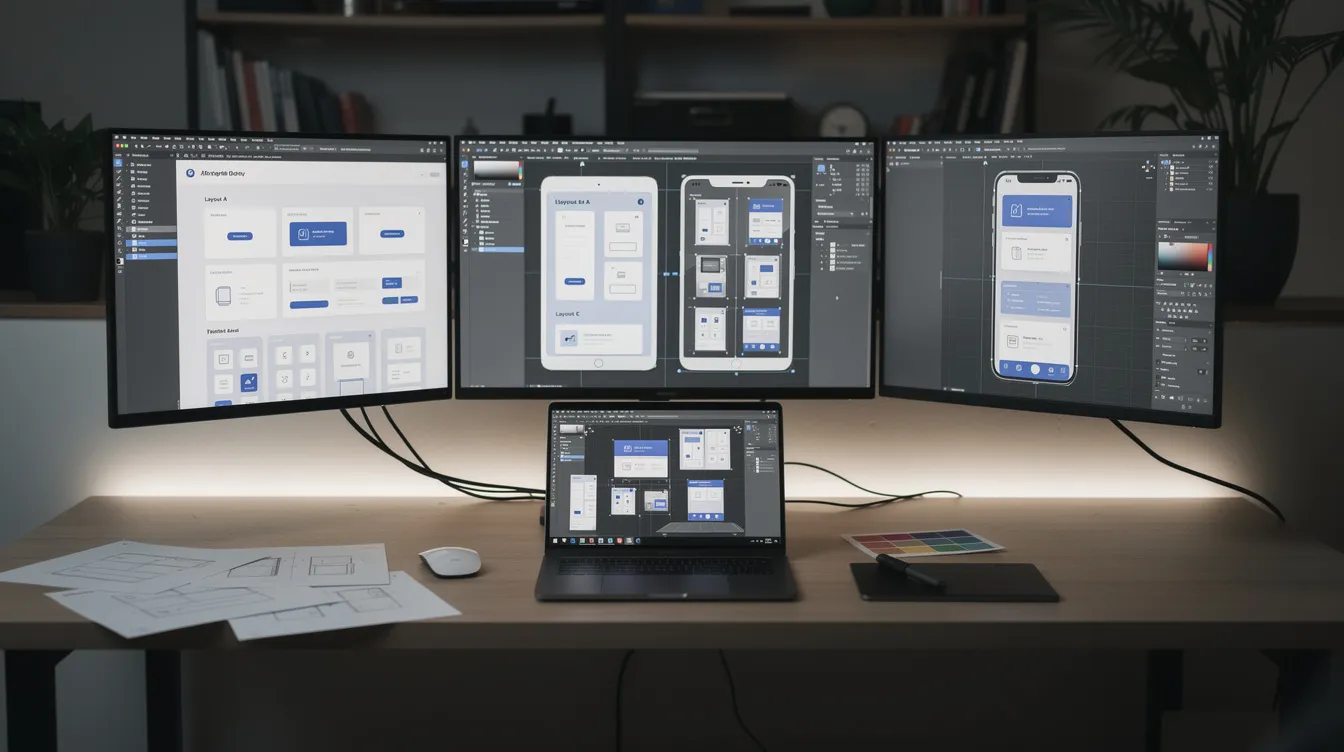 La imagen muestra el espacio de trabajo de un diseñador, en el que se aprecian varios monitores que muestran distintos diseños adaptativos de interfaz de usuario, lo que ilustra el proceso de diseño de las herramientas de IA generativa. Esta configuración pone de relieve cómo la tecnología de IA puede mejorar el diseño de la experiencia de usuario (UX), al permitir a los diseñadores analizar los comentarios de los usuarios y crear prototipos funcionales que mejoren la experiencia y la satisfacción del cliente.