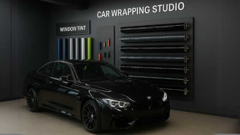 A car parked in car wrapping studio