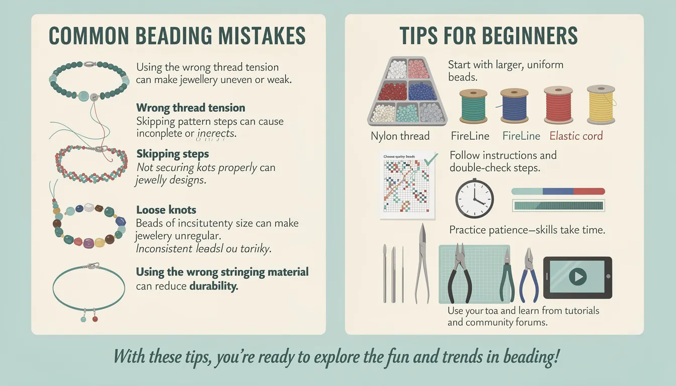 The image depicts a collection of common beading mistakes and tips for beginners, showcasing various beads, stringing materials, and tools from jewellery making kits. It emphasizes the importance of proper thread tension, securing knots, and following instructions to create beautiful and durable jewellery designs.
