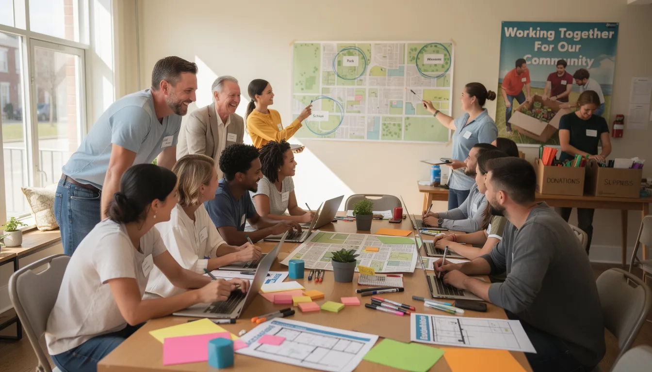 The image depicts a diverse group of community members engaged in a collaborative project, demonstrating effective collaboration and shared responsibility. They are actively discussing ideas and developing action plans in a collaborative working environment, emphasizing the importance of teamwork and open communication in achieving their goals.