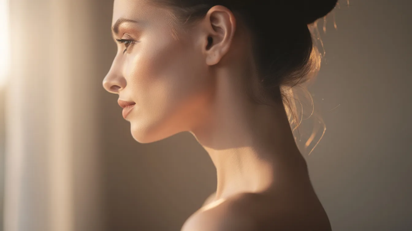 A woman with an elegant, elongated neck silhouette is captured in natural light, showcasing her graceful posture. The image subtly highlights the importance of neck and shoulder health, as well as potential issues like neck pain and muscle tension that can be alleviated through treatments such as botox injections and physical therapy.