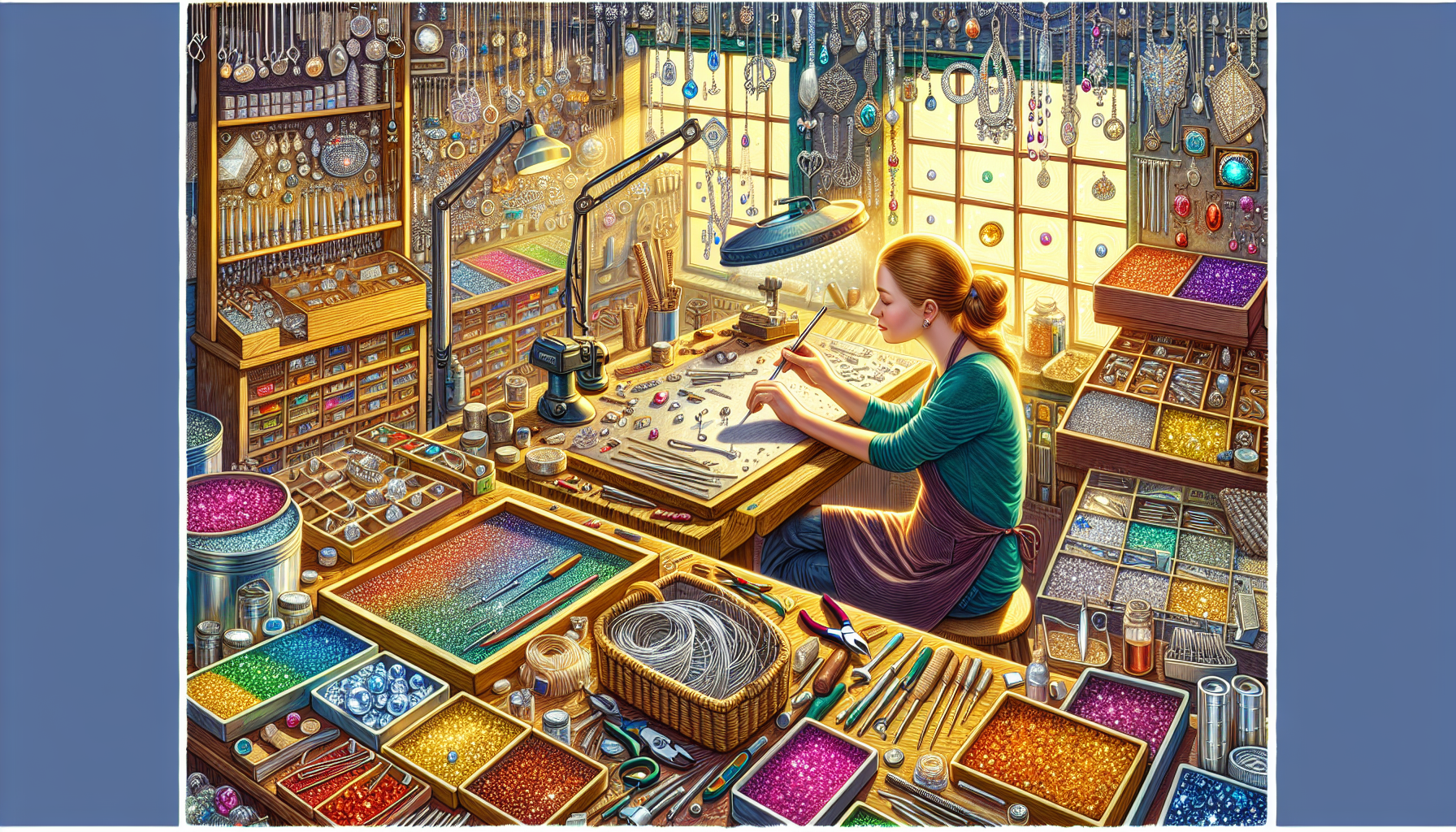 An artistic representation of a jeweler's workshop where permanent earrings are crafted and personalized.