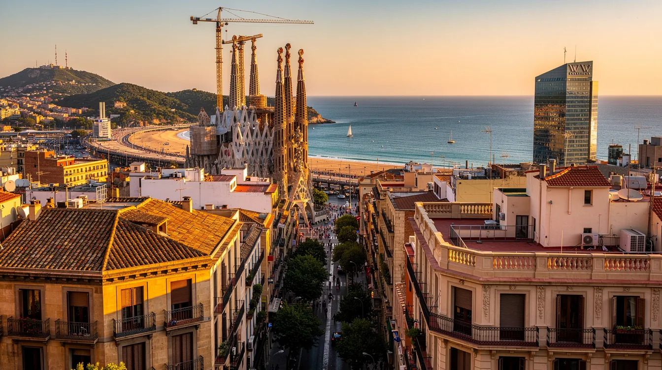 Imagem de Barcelona, na Espanha, mostrando a famosa Sagrada Família ao fundo, com suas torres altas e detalhes arquitetônicos impressionantes. A cena captura a vibrante vida urbana da cidade, repleta de pessoas e cultura, refletindo a rica história e as atrações turísticas que encantam viajantes de todo o mundo.