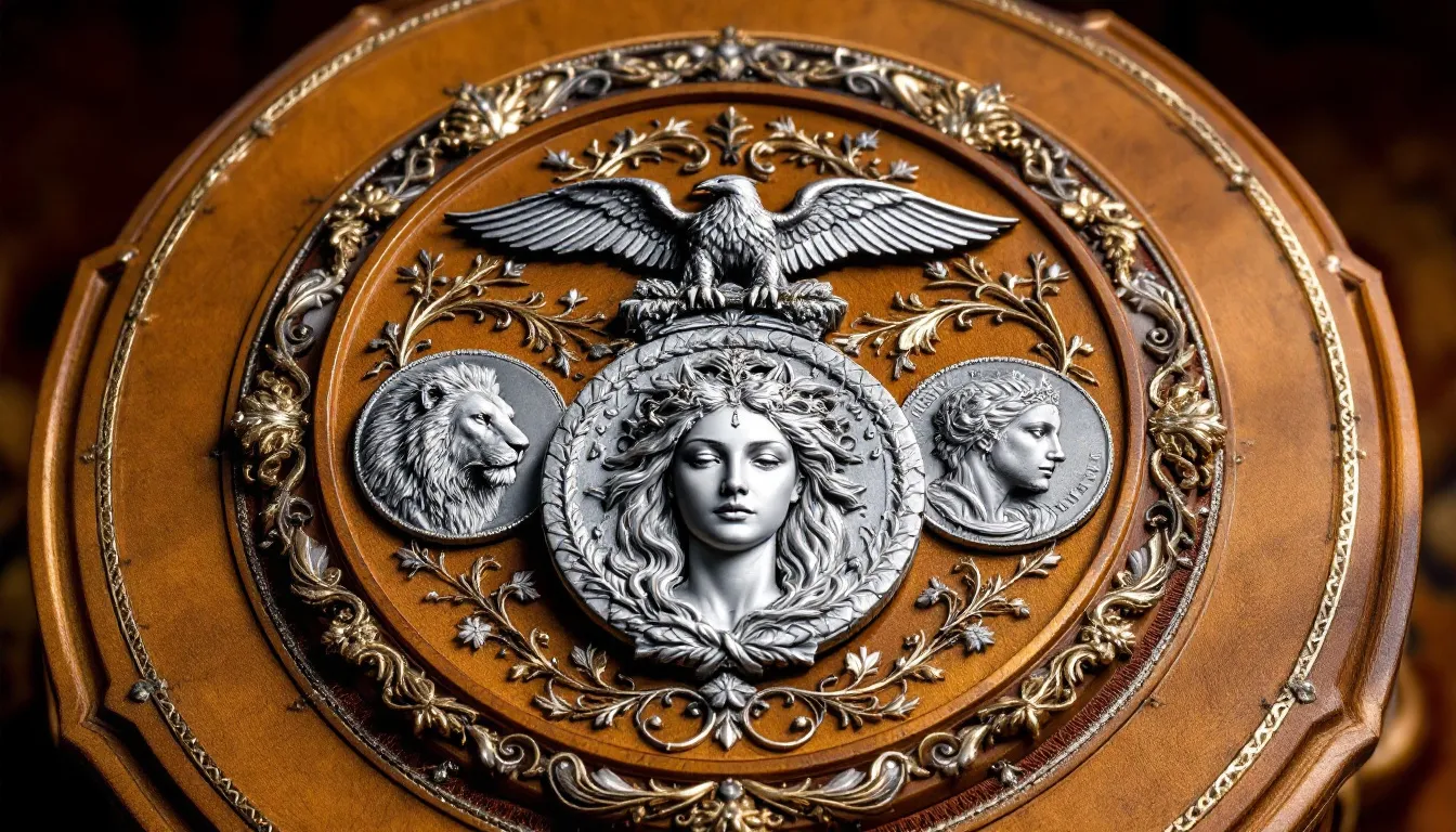 A collection of high relief silver coins showcasing intricate designs.