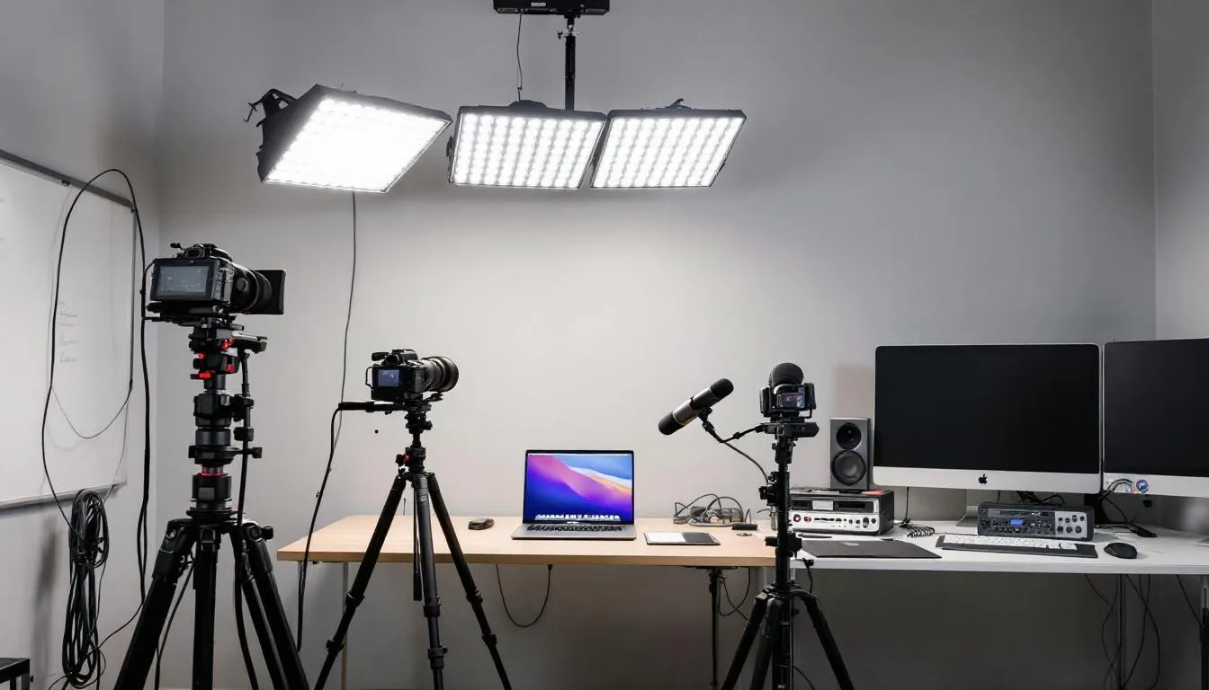 The image depicts a well-organized technical equipment layout featuring professional cameras, microphones, and lighting setups, essential for high-quality video production in webinars. This setup illustrates the importance of technical expertise and professional webinar production services in creating engaging online events.