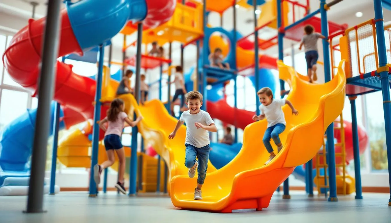 Children are joyfully playing on a vibrant, multi-level indoor playground structure that features colorful slides and various climbing elements, perfect for fostering social skills and imaginative play in a safe environment. This indoor play area is designed for kids of all ages, providing a fun space for birthday parties and open play sessions.