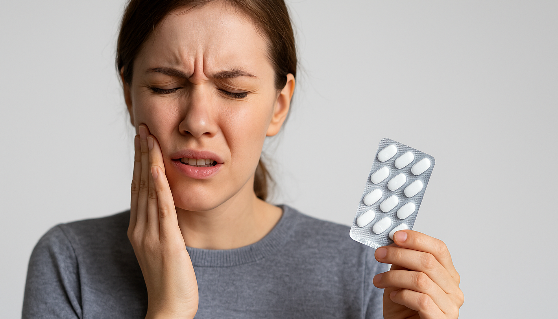 Kvinne med tannverk holder kinnet og en blisterpakning med smertestillende tabletter, tydelig preget av smerte.