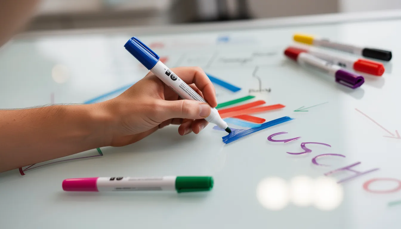 A close-up image shows a hand writing on a smooth glass whiteboard surface with colorful dry erase markers, illustrating a collaborative workspace where ideas can be easily organized and expanded. The vibrant colors highlight the ease of customizing the board for planning and brainstorming in a meeting room or classroom setting.