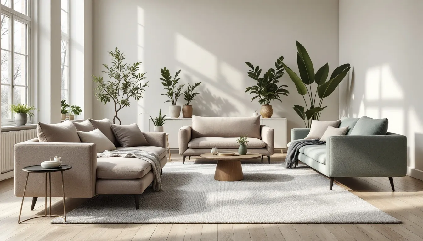 Stilvolle Mikrofaser Sofas in verschiedenen Farben in einem eleganten Wohnzimmer.