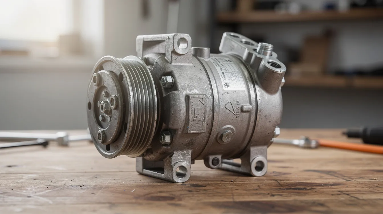 An agricultural tractor air conditioning compressor replacement part is displayed on a workbench, surrounded by dust and tools. This component is essential for maintaining the tractor air conditioning system, ensuring a cool environment while working in the field.