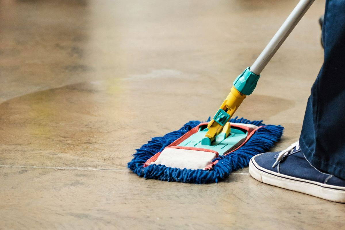 Use a wet mop and neutral cleaner or mild cleaning solution to remove dirt on your decorative concrete floors