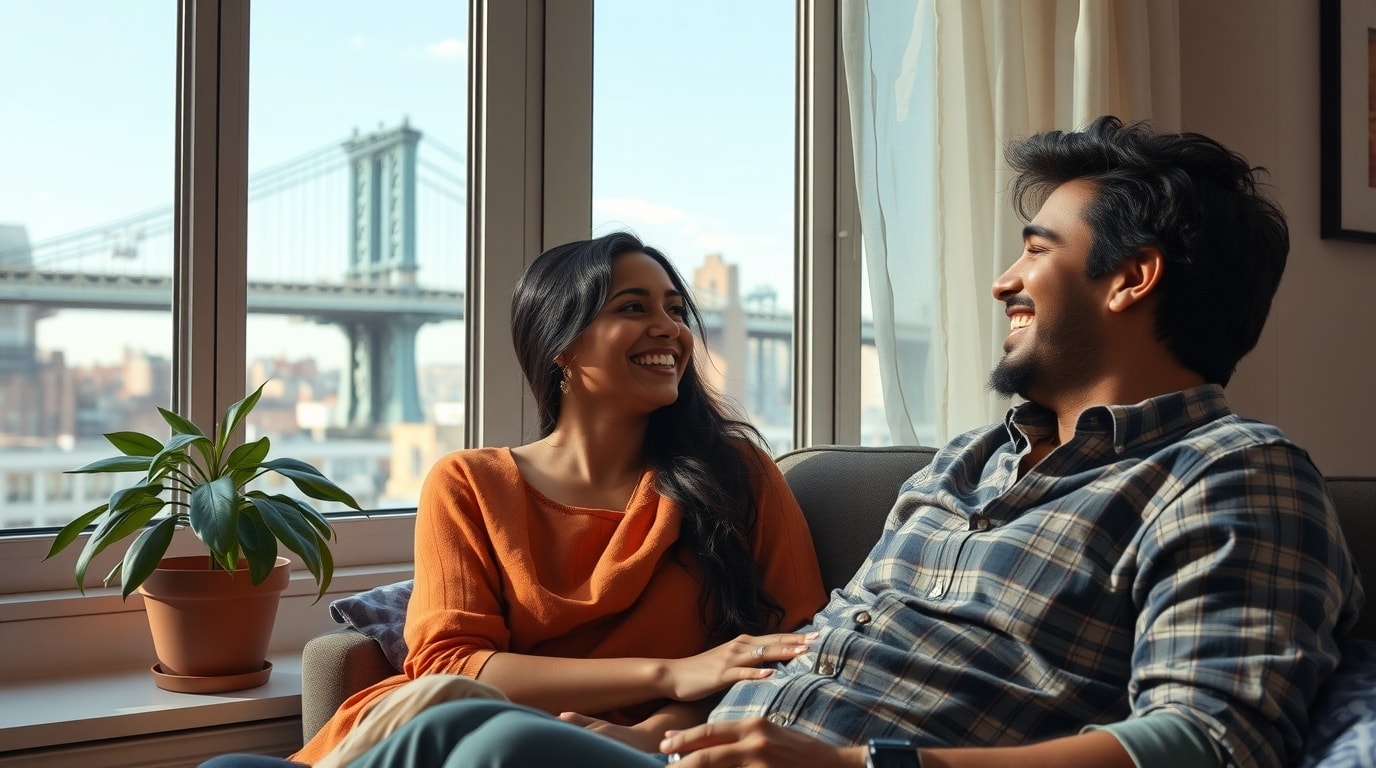 Comfortable online Gottman Method therapy setup in New York apartment in Indian couple, part of New York's diverse background.