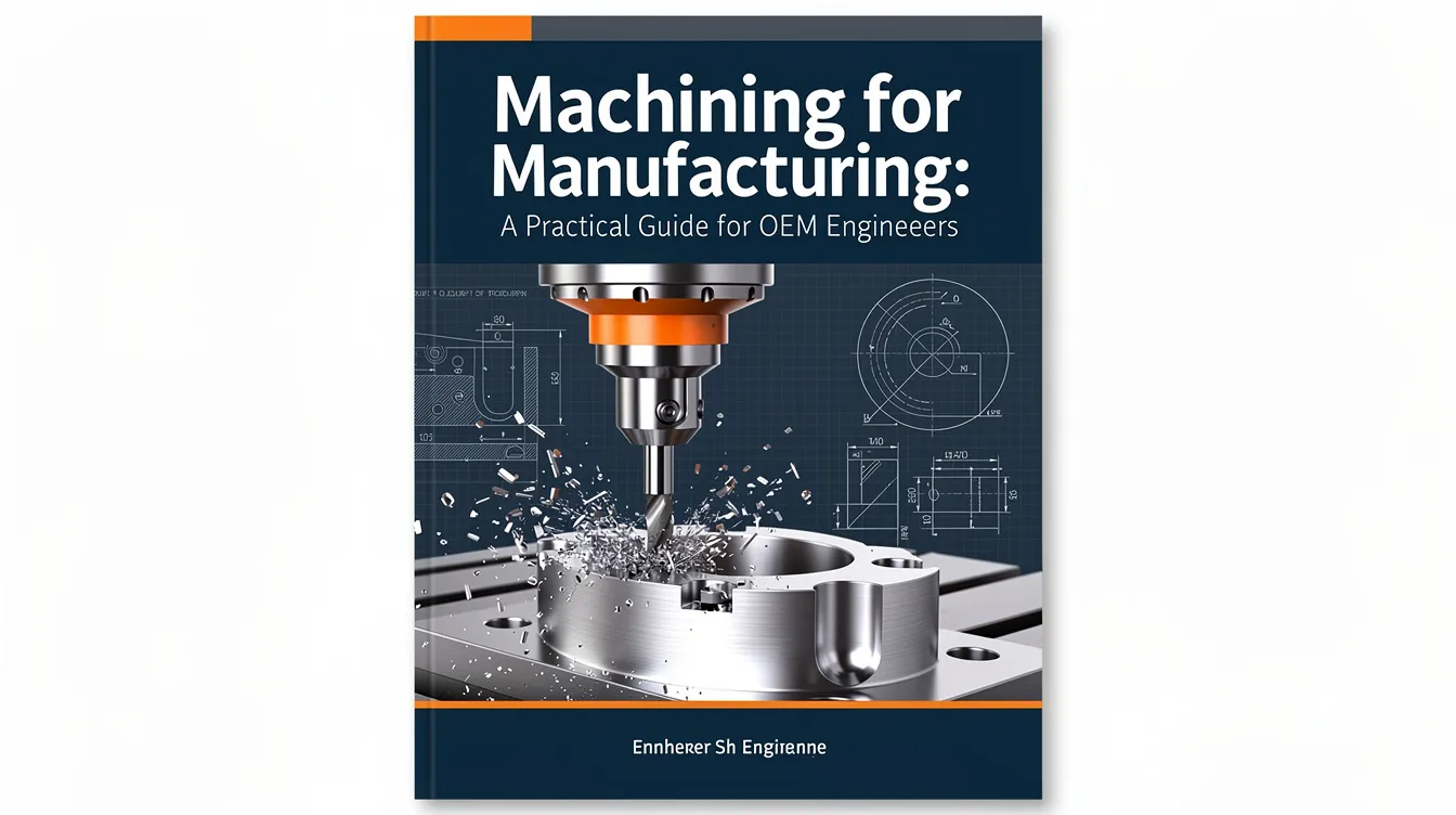 The image depicts a detailed guide titled "Machining for Manufacturing: A Practical Guide for OEM Engineers," featuring various machining processes such as CNC machining and conventional cutting tools. It illustrates the importance of precision machining, highlighting the production of machined components with extremely tight tolerances and complex geometries in the manufacturing industry.