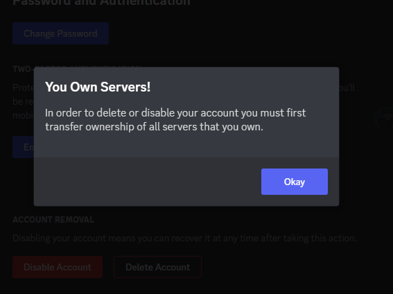 Image showing Discord asking you to transfer server ownership