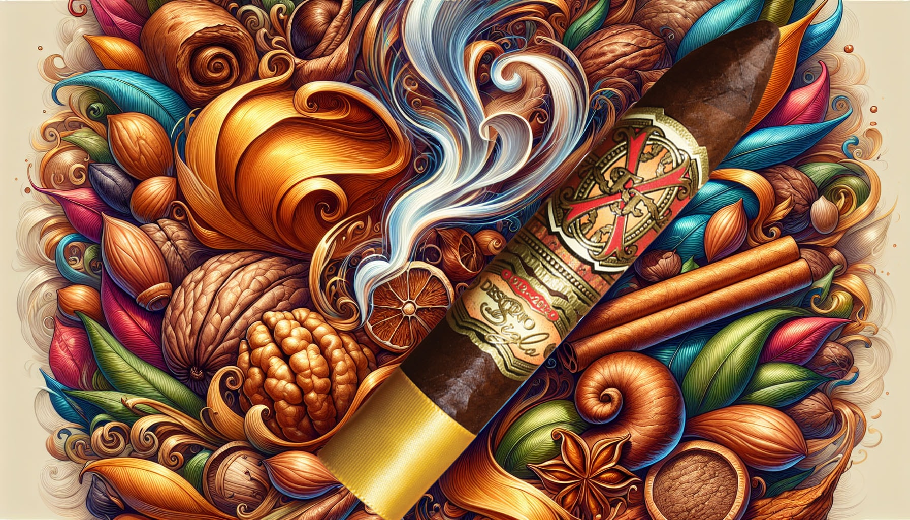 An illustration highlighting the complex flavor profile of Arturo Fuente Opus X Rosado Oro Oscuro Super Belicoso cigars.