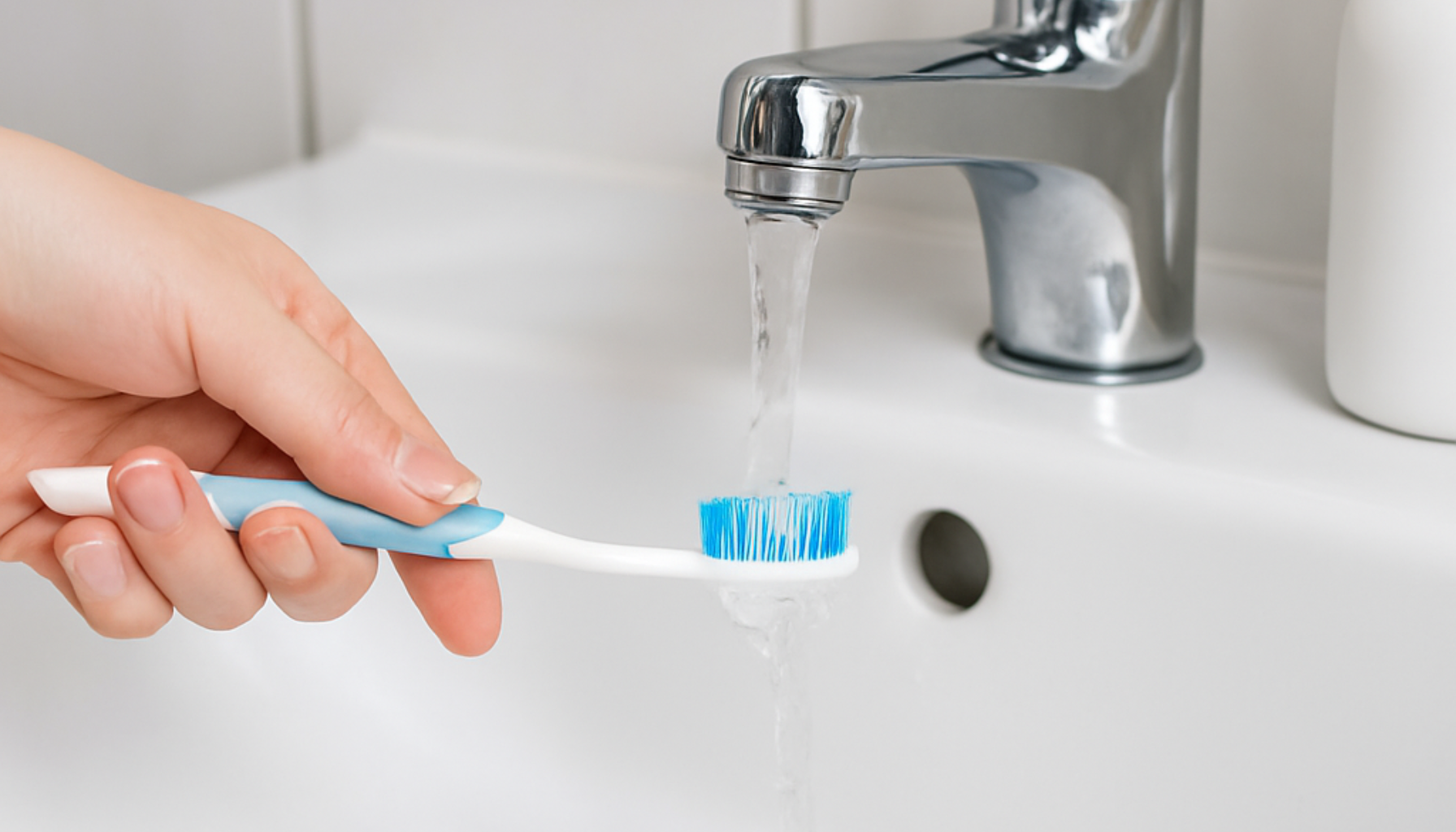 Hvor ofte bør du bytte tannbørste? Ekspertenes anbefaling 16 En hånd skyller en tannbørste under rennende vann fra en moderne kran i en ren baderomsvask.