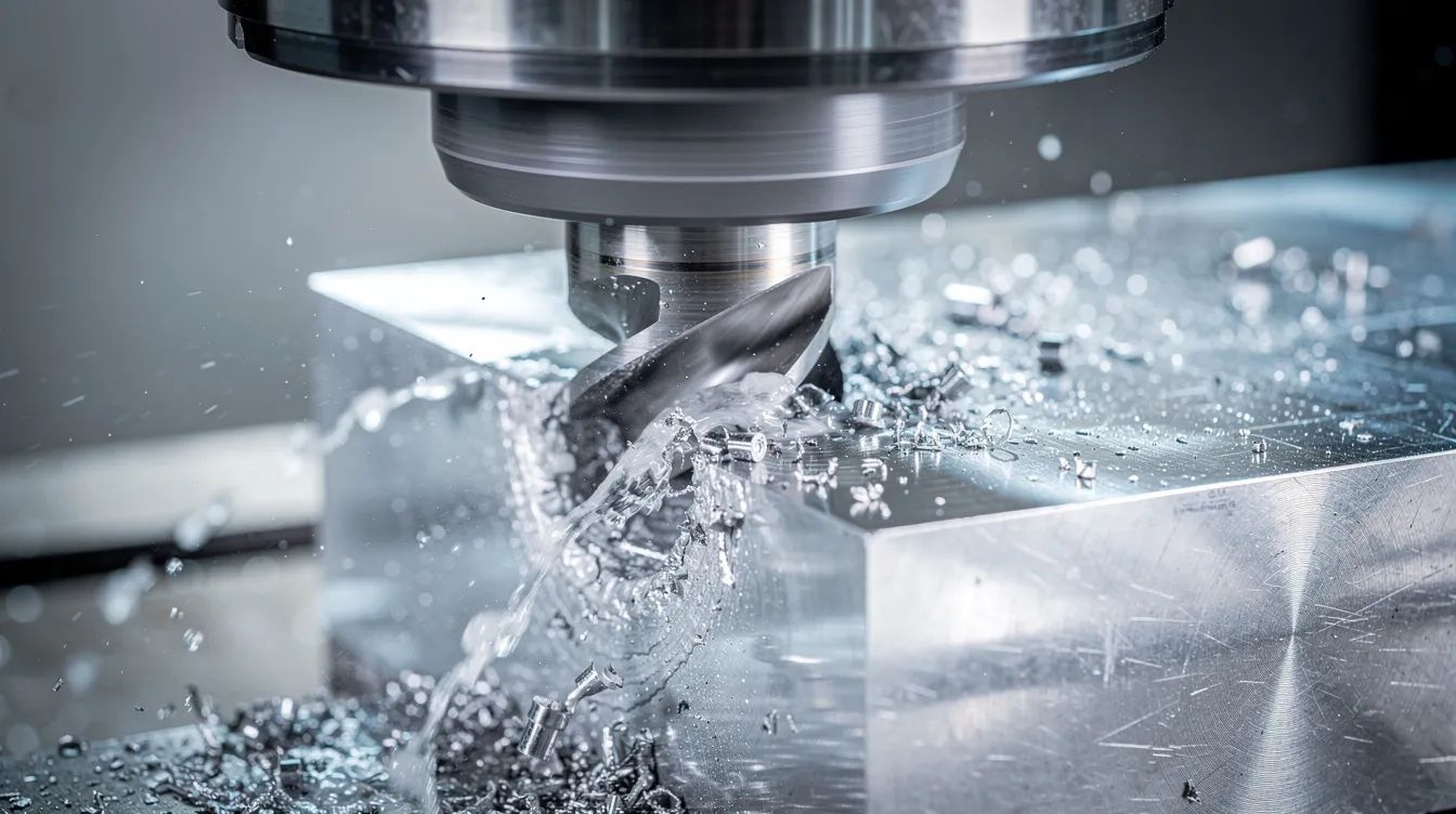 A close-up view of a CNC milling machine actively cutting an aluminum block, with a stream of coolant flowing over the workpiece to ensure precision and enhance the machining process. This image illustrates the advanced CNC technology used in producing high-quality, corrosion-resistant machined parts.